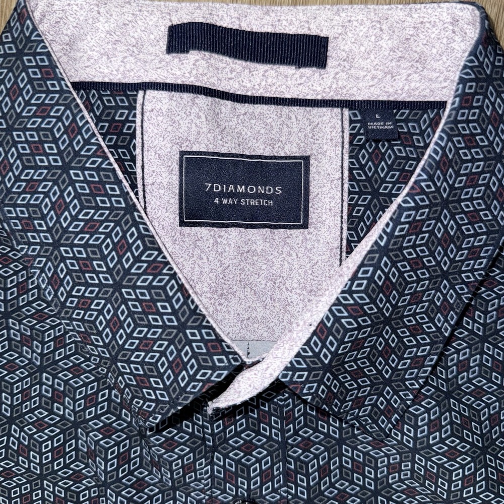 7 Diamonds Cubes 4 Way Stretch Short Sleeve Button Up Woven Shirt Men's L Navy